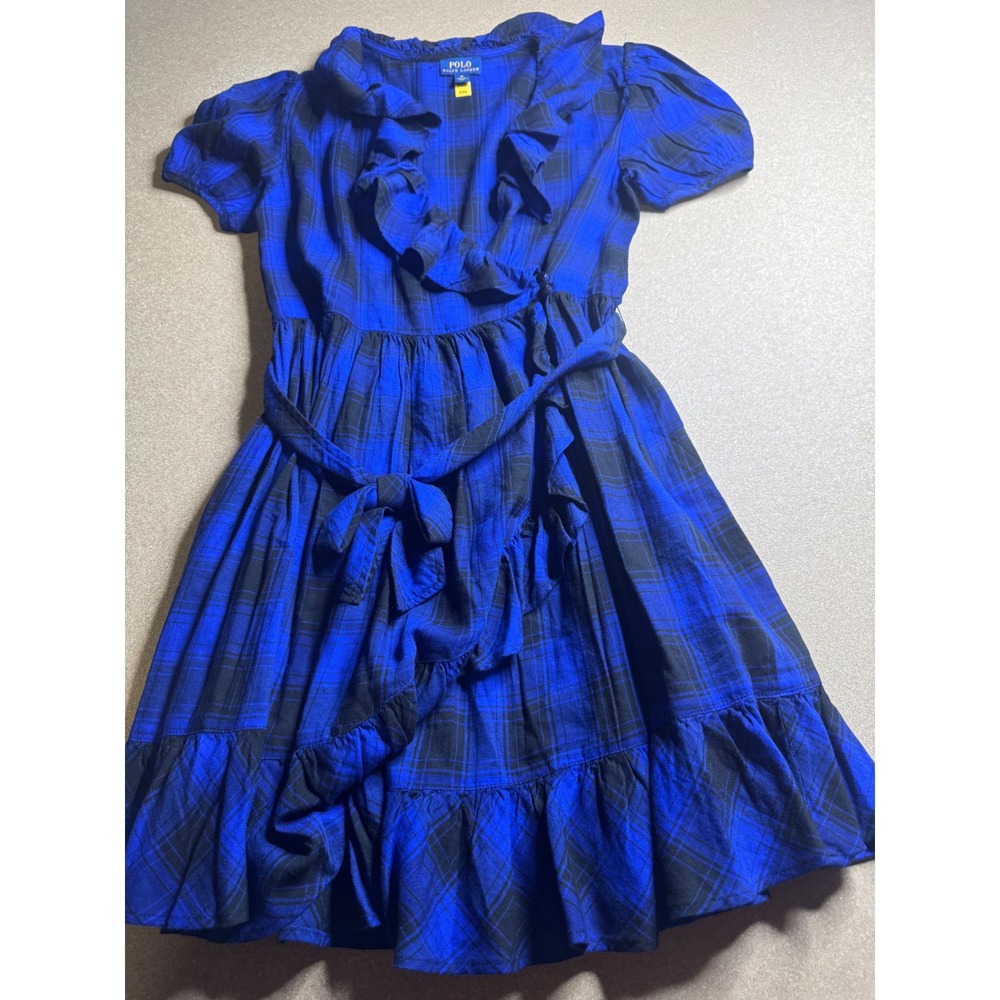 Polo Ralph Lauren Girls Blue Black Plaid Ruffle Wrap Dress Size 16 XL